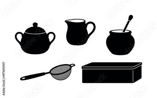 Tea picnic accessories including sugar bowl, milk jug creamer, tea strainer tool, honey jar pot, biscuit tin container, bold black