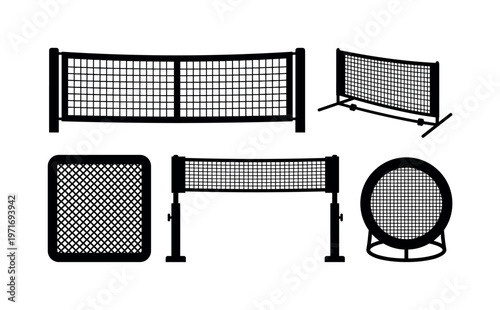 Tennis net stretched across posts, portable mini tennis net, training rebound net panel, adjustable height net system, practice