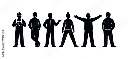 Worker holding heart symbol to chest, person smiling with relaxed posture, employee showing positive mood stance, individual