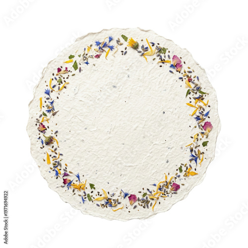 Round handmade paper with floral wreath isolated. Botanical invitation mockup.
