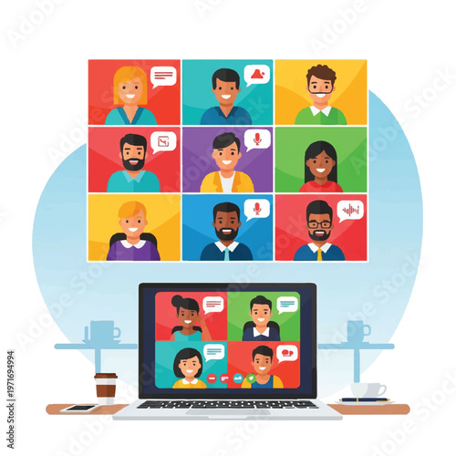 Vibrant video conference showing a diverse group of people across laptop screens in a collaborative team meeting.