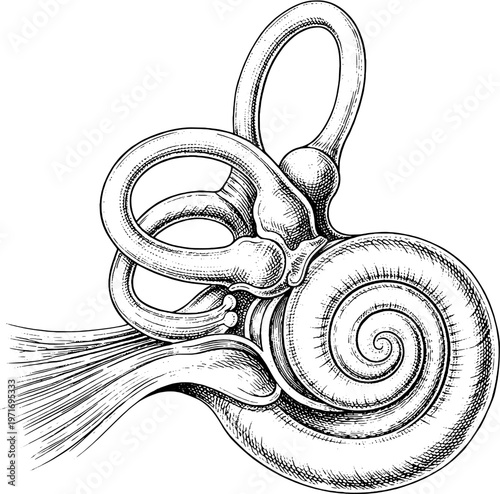 Vintage engraved inner ear cochlea – detailed anatomical illustration
