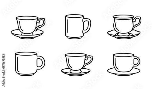 Tea cup outline icon vector set with minimal line art beverage symbols for café and kitchen design