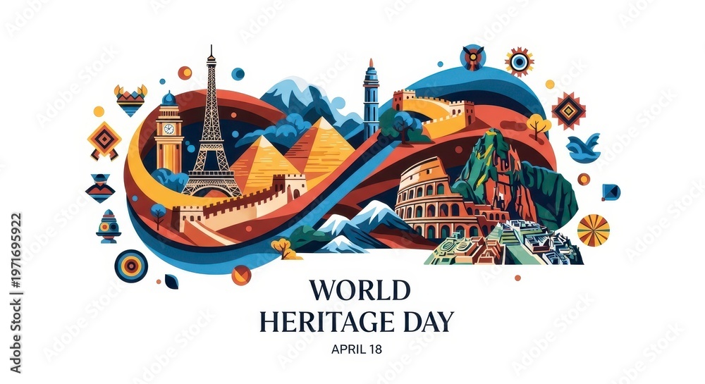 Fototapeta premium World Heritage Day illustration with global monuments and cultural landmarks April 18