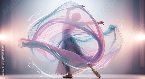 Ethereal Ballet Grace for International Dance Day A dancer's captivating flow, enhanced by dreamy light and swirling fabric effects, celebrating the artistry of movement