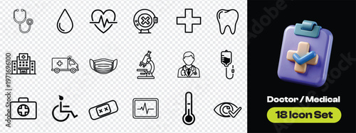 Set of 18 medical and doctors icons. health, brain, Rod of Asclepius,  Caduceus, Star of Life, eyes, Blood. Vector illustration icon set.