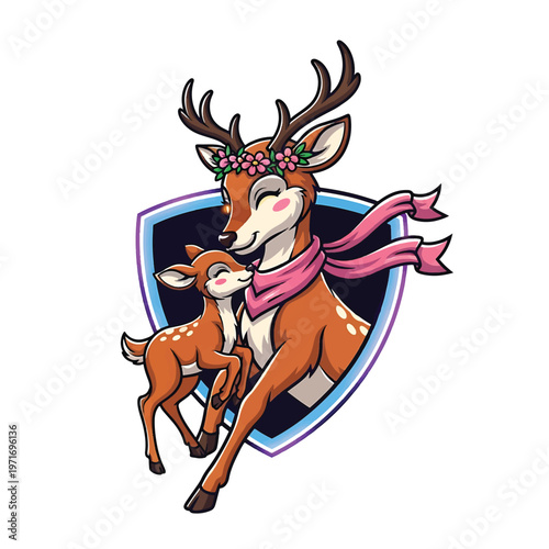 Cartoon deer with fawn and shield emblem