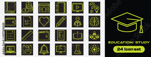 Set of 24 Education and Learning web icons. School, brain, tv,  university, textbook, unclear, learning. Vector illustration.