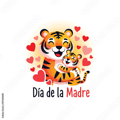 Mother and cub tiger with hearts for Dia de la Madre