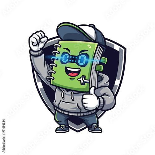 Cartoon green notebook with blue glasses raising fist in front of shield