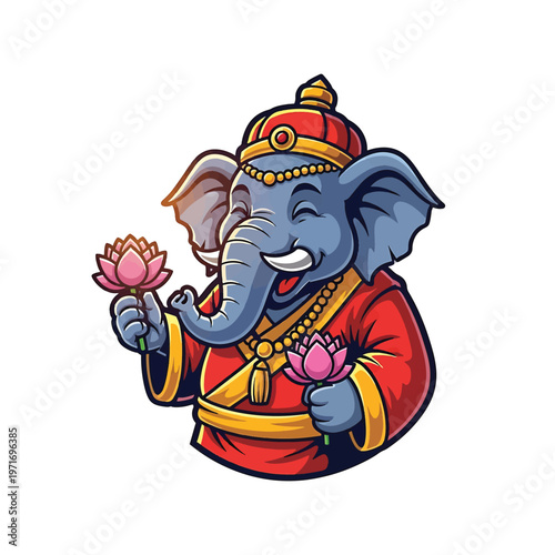 Blue Ganesha Elephant God in Robe Holding Lotus Flowers