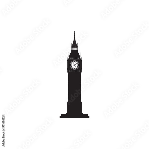 Big Ben, London clock tower silhouette vector illustration on white background.