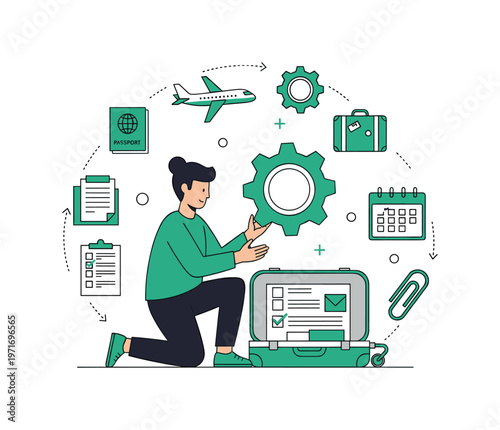 Travel planning and organization with a person interacting with travel elements