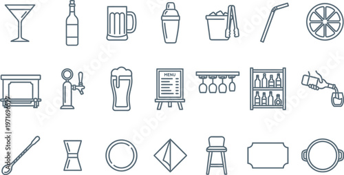 A modern set of minimalist outline icons for bar, beverage, drink, and restaurant related concepts.