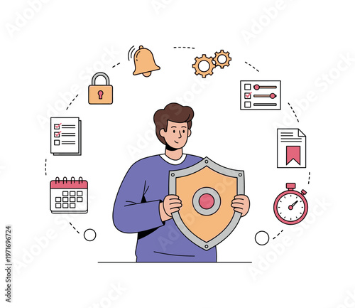 Person holding a shield surrounded by icons representing security and productivity
