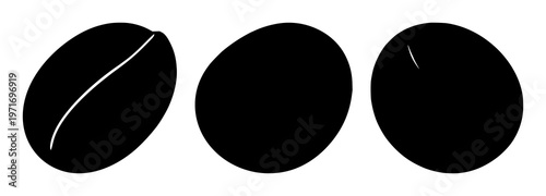 Fair trade coffee bean icon set with solid black silhouette on white background featuring icon, coffee bean, fair trade symbol with minimal line art and flat color