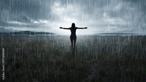 Emotional release and mental health a woman stands in a field with her arms outstretched embracing the rain.