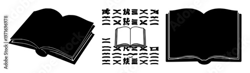 Large language model book icon set with solid black icon symbol on white background featuring book, AI, technology with knowledge and digital