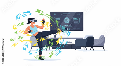 Woman wearing VR headset exercising at home with arrows
