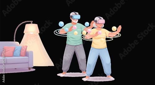 Two people wearing VR headsets standing in a living room with virtual reality technology