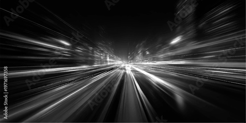 Abstract black and white background with glowing laser rays and a burst of light energy creates a motion speed effect similar to a star explosion or night party flash