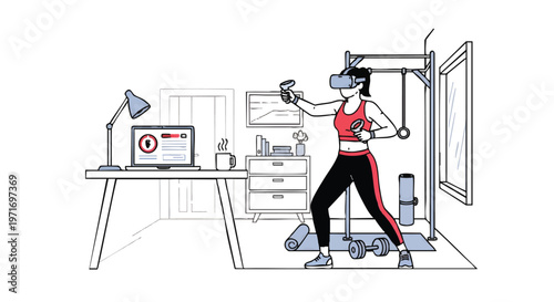 woman wearing VR headset and exercising at home gym