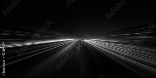 A black and white abstract vector design captures the high-speed motion and energy of a car driving on a dark highway road under a digital night sky with traffic light blur
