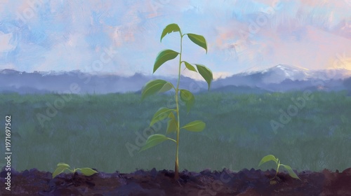 Stock painting sustainability and environmental awareness showing seedlings growing in soil The artwork features a mountain landscape in the background symbolizing hope growth and a greener future.