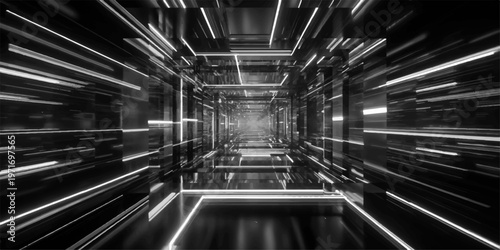 An abstract futuristic tunnel of light forms a sleek glass and steel corridor within a modern urban business station, creating an empty industrial structure of light and metal