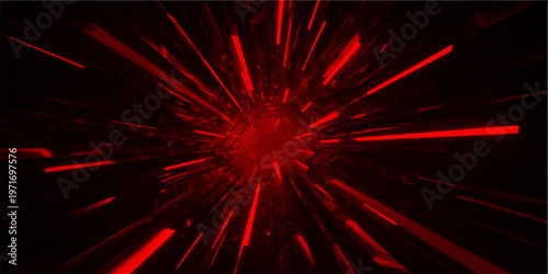 Abstract red and yellow fractal explosion design with bright neon light flashes and glowing firework patterns in a dark space background