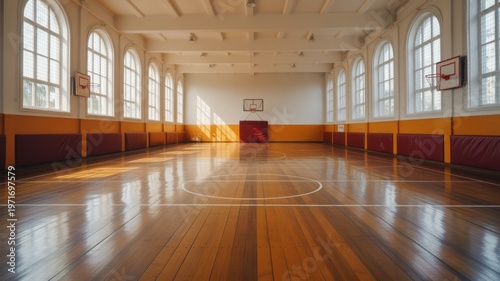 Empty indoor basketball court with wooden floor and bright windows