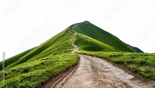 3d trail off road with travel going up to the top of green mountain isolated on white background