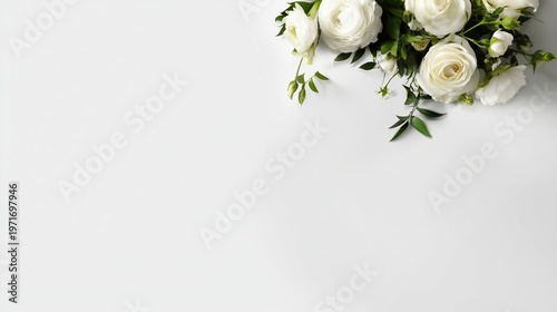 For wedding invitation design and floral decoration concepts A minimalist mockup features white ranunculus flowers arranged on a clean white background creating elegant stationery anniversary cards.