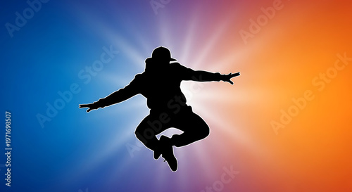 Celebrating International Dance Day with a Dynamic Silhouette of a Dancer in Mid-Air Against a Vibrant Gradient Backdrop