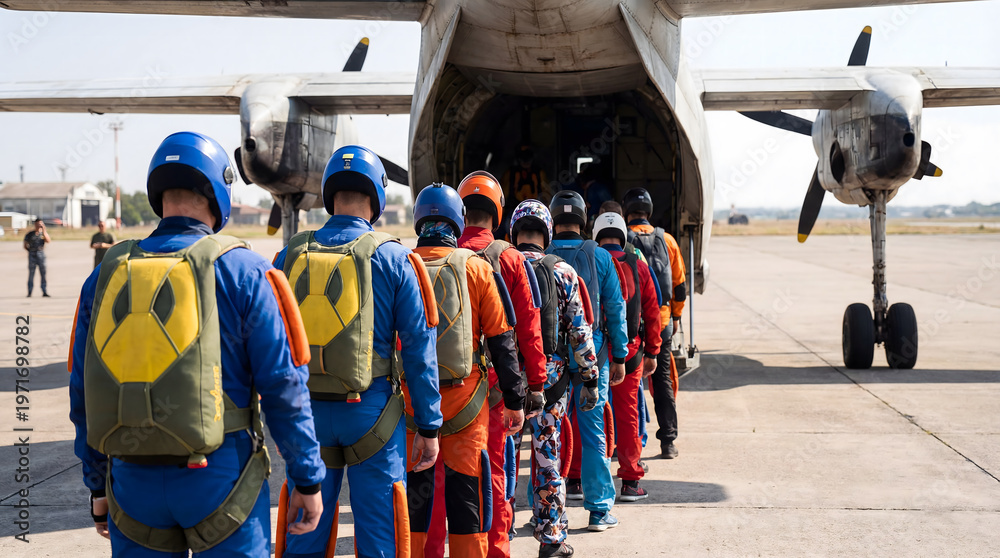Obraz premium Skydivers lining up boarding airplane for parachute jump