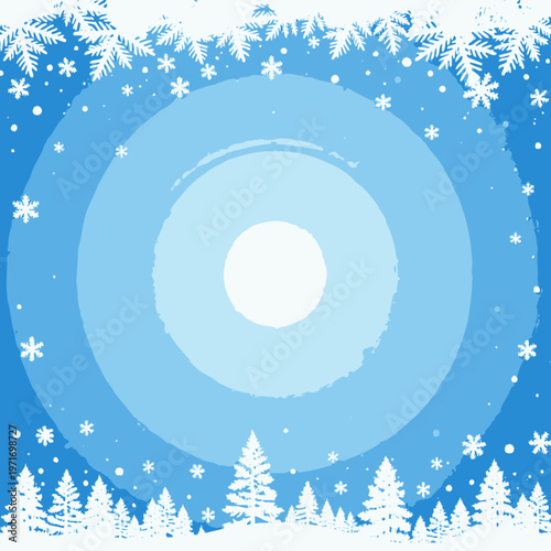 A serene winter landscape featuring a clear blue sky blanketed with intricate snowflakes and frosty pine trees, encapsulating the essence of a tranquil snowy day.