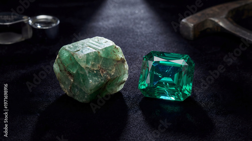 Raw emerald crystal beside cut polished gemstone