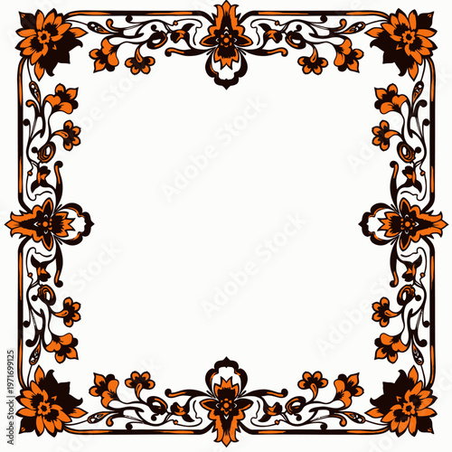 Intricate Floral Border Pattern Featuring Ornate Red and Orange Blossoms on Elegant White Background for Decorative and Artistic Design Applications