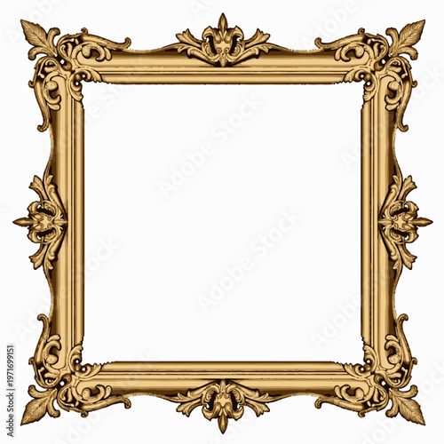 Ornate Golden Decorative Frame with Intricate Baroque Style Design and Elegant Floral Patterns on a White Background