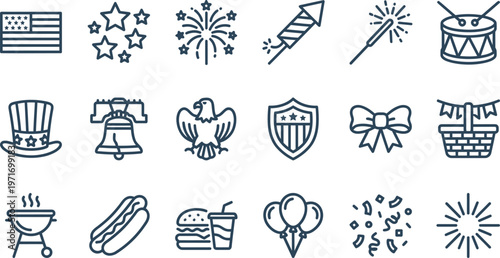 A diverse collection of patriotic american line art icons representing national holidays and celebrations.