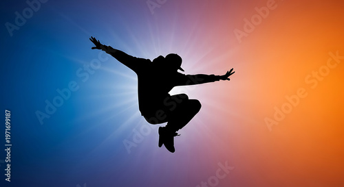Energetic silhouette of a dancer captured mid-air, expressing passion and movement against a radiant sunburst gradient, perfect for celebrating International Dance Day