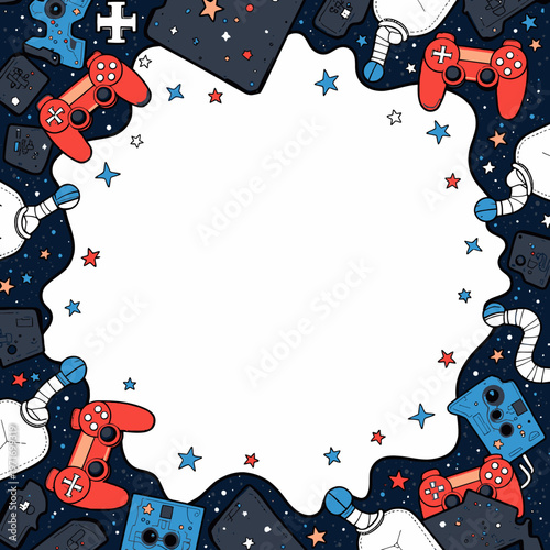 Vibrant Video Game Themed Border with Space Elements and Colorful Controllers Encircling a Central Blank Area for Custom Text or Art