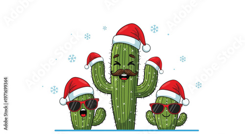 Three cartoon cacti wearing Santa hats and sunglasses in a festive holiday vector illustration design