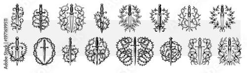 Dagger with thorns and leaves collection, vintage woodcut engraving set, gothic knife icons, mystical weapon symbols, medieval etching and tattoo design elements