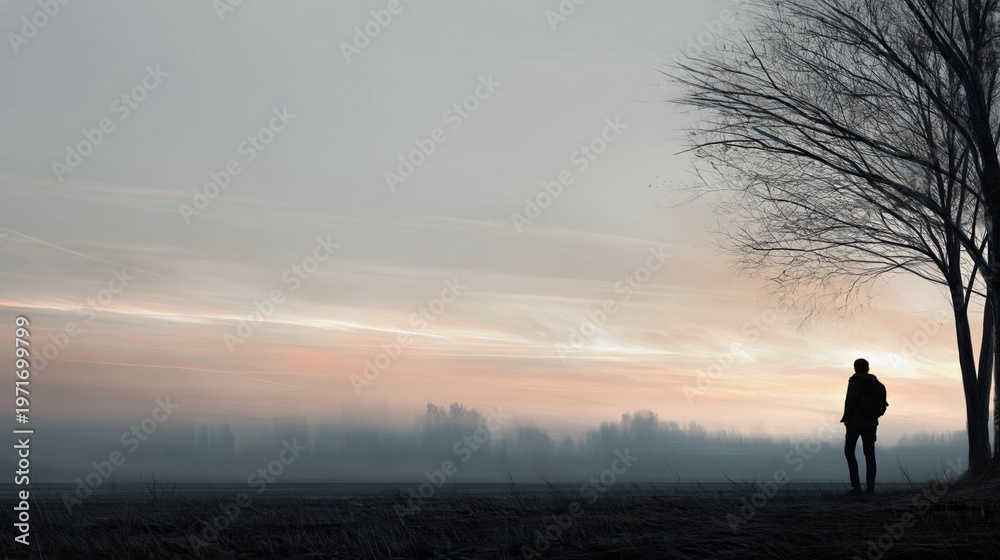 Fototapeta premium Existential crisis and mental health issues A man stands alone in nature at dusk silhouetted against a foggy landscape contemplating life and facing uncertainty evoking feelings of loneliness.
