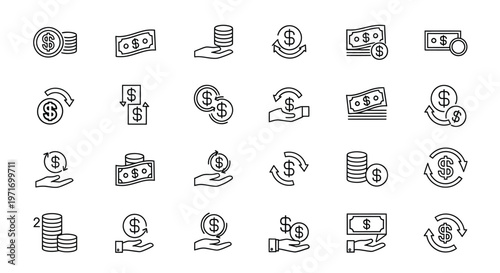 Vector graphic illustration of various money and finance icons with dollar symbols and hands