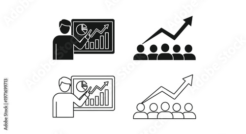 Business professionals presenting data analysis and growth strategies in a modern vector graphic illustration style