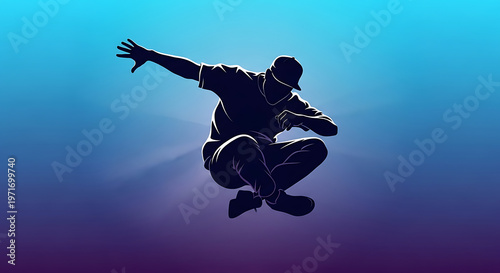 Celebrate International Dance Day with energetic hip hop dancer silhouette in dynamic pose on blue gradient background