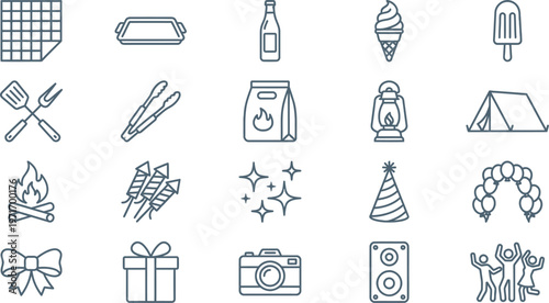 A comprehensive collection of outline icons representing various celebrations, parties, outdoor events, and fun activities.