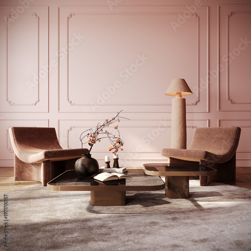Modern interior design. Living room. Contemporary home interior with pink walls. 3D Rendering, 3D Illustration